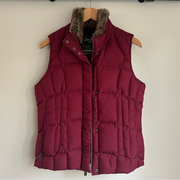 Eddie Bauer Medium Goose Down Faux Fur Trim Burgundy Puffer Vest - Picture 12 of 12